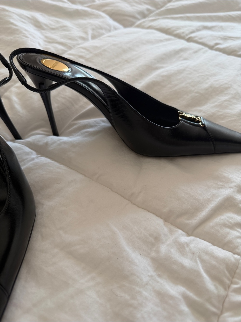 Saint Laurent Black Leather Pointed Slingback Pumps with Gold YSL Charm - Picture 2 of 7
